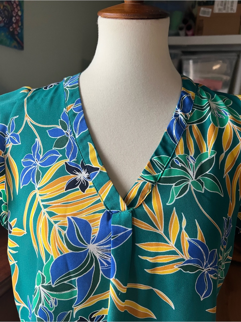 St. Tropez Teal Floral Split-Neck Cap-Sleeve Blouse - Picture 2 of 5